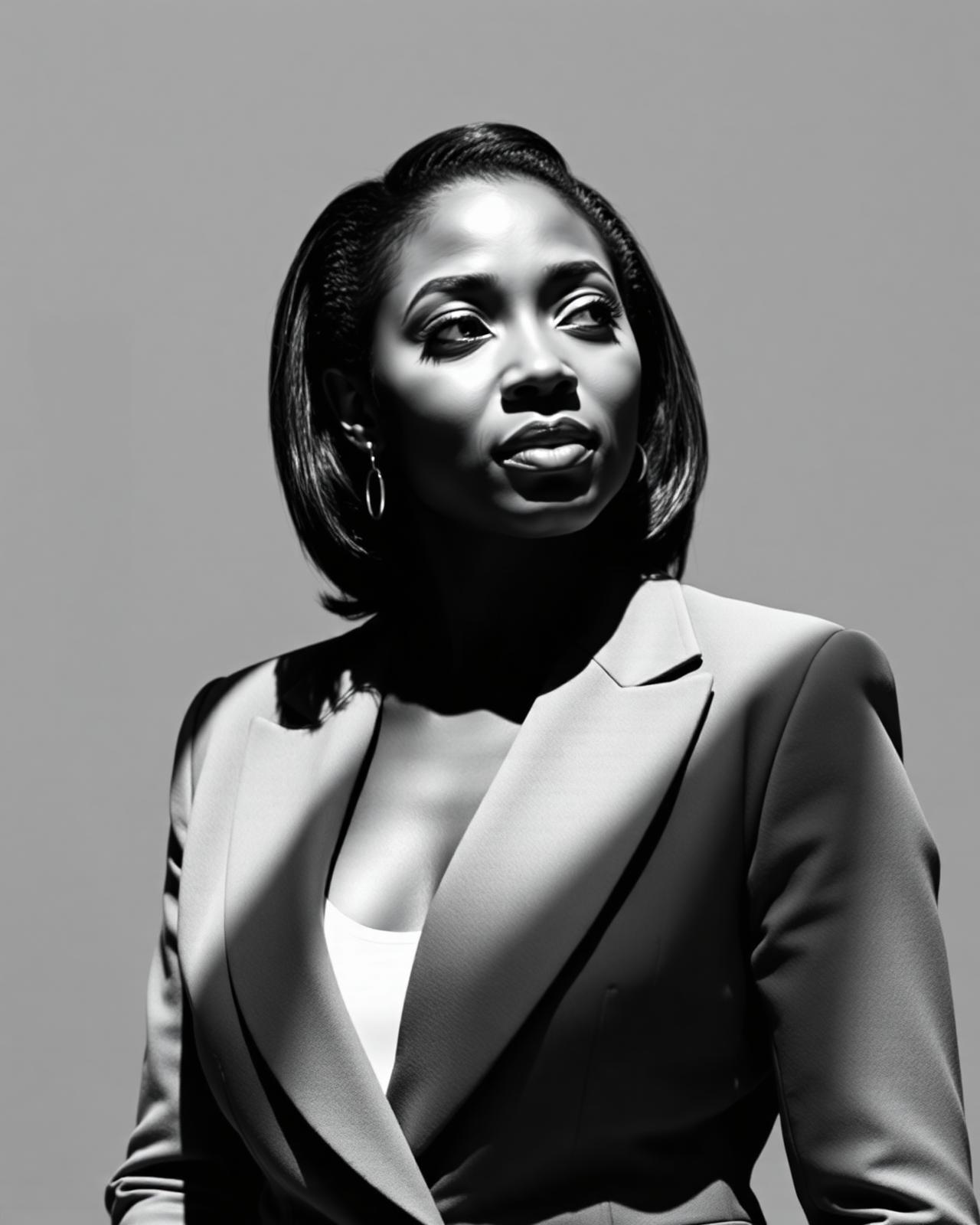 Editorial black-and-white portrait of a confident professional woman